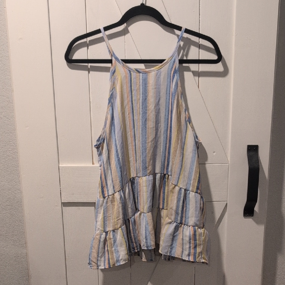 Adara Blue and Cream Striped Relaxed Fit Tiered Tank Top Size L